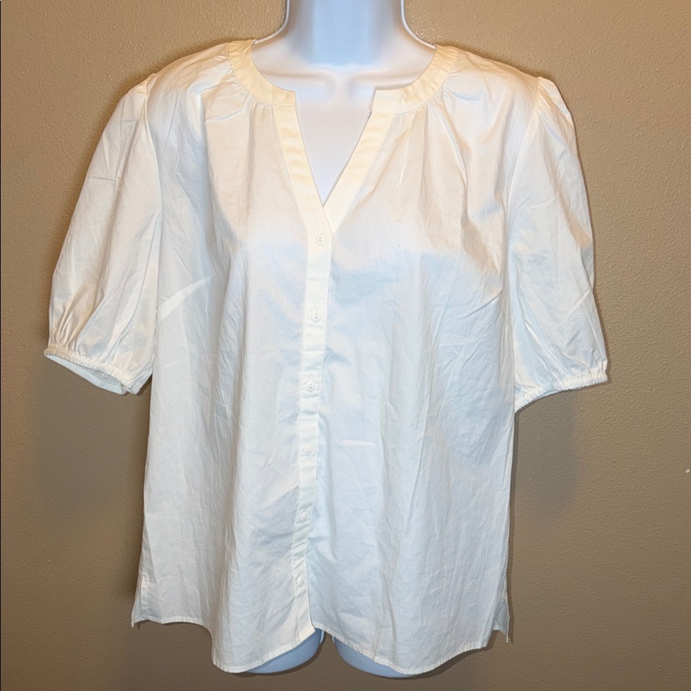 41 Hawthorn NWT White Split Neck Short Sleeve Button Down Blouse Shirt Large NEW